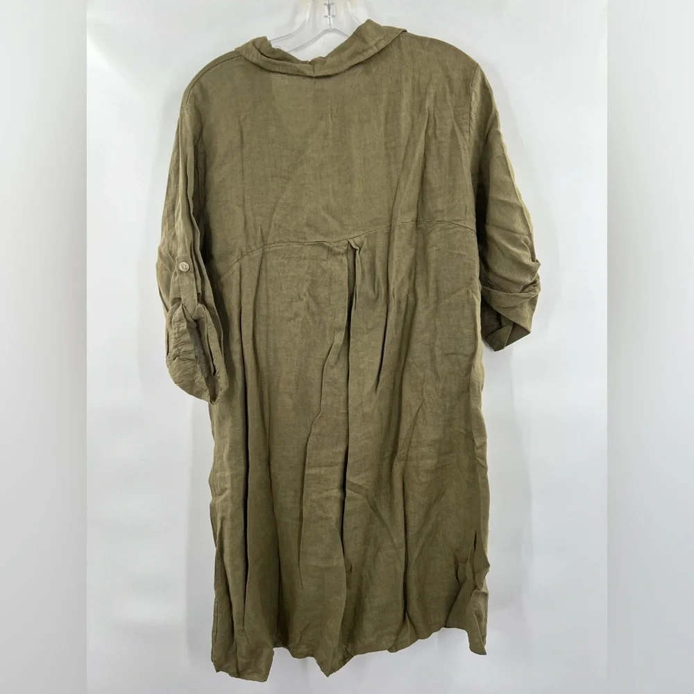 Elena Baldi green linen shirt dress roll sleeves new with tags size L - Picture 10 of 11